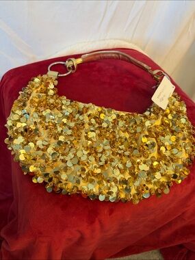 Gold Sequin Shoulder Bag with Top Handle